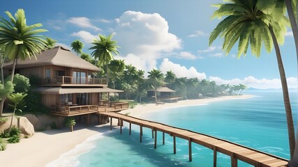   Create a virtual reality experience that allows users to explore a picturesque tropical beach from a top-down perspective. Transport users to a serene oasis where they can leisurely stroll along woo