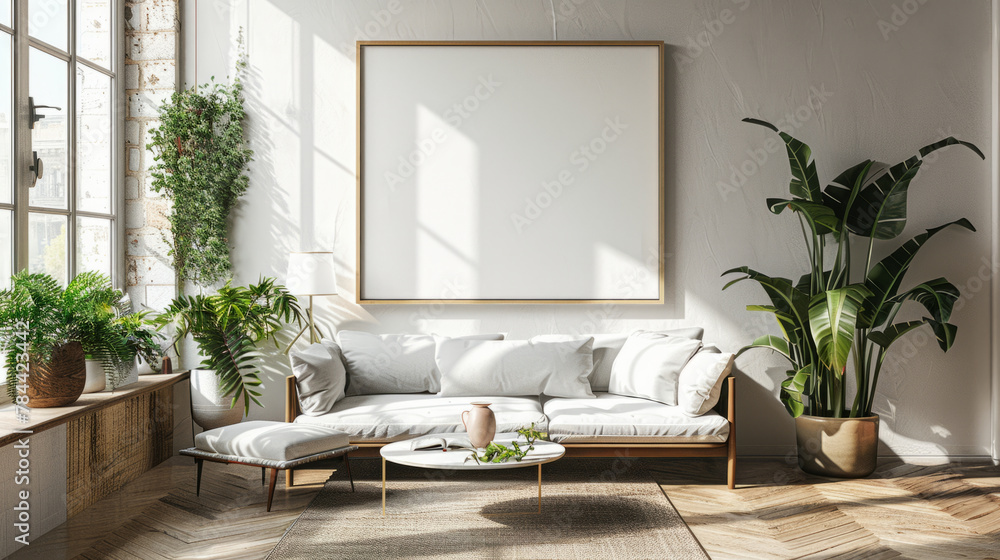 Poster aesthetic canvas frame mockup in various modern interior settings, utilizing artificial intelligence