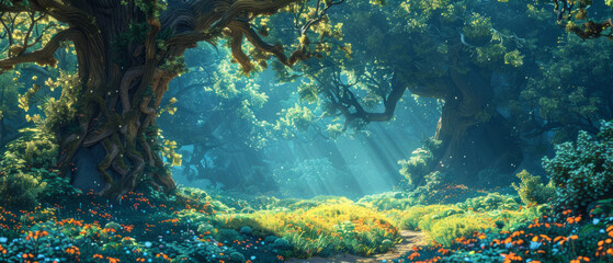 A enchanting forest in a fairytale setting with lush vegetation, depicted in a digital painting background.