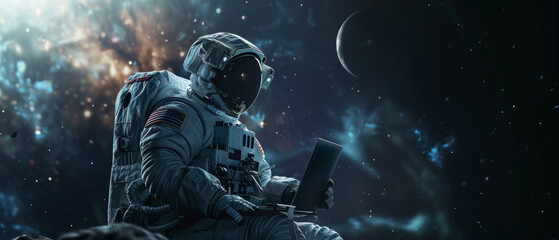 An astronaut floating in space with a laptop, representing technology and communication in space exploration.