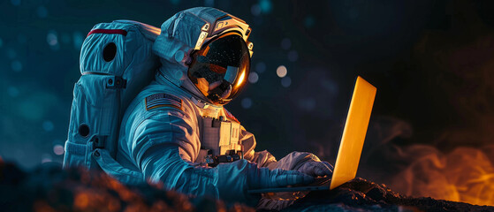 An astronaut in outer space using a laptop, with room for text overlay