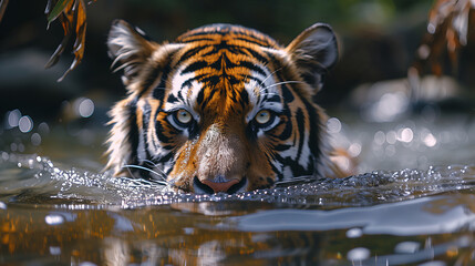 Tiger appearing from a river with a menacing stare.
