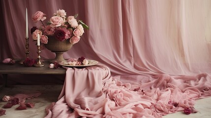 A palette of dusty rose silk laid out with vintage lace and soft pink rose petals.