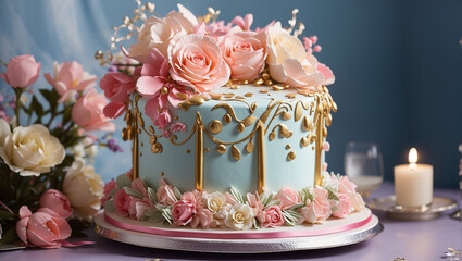 A birthday cake with pink and white frosting and flowers.

