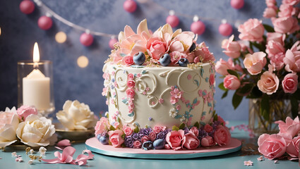 A birthday cake with pink and white frosting and flowers.

