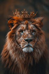 Fototapeta premium Majestic lion as the monarch of the animal kingdom, adorned with a golden crown symbolizing power and dominance.