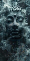 smoke forms the looming Buddha 