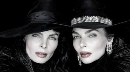   Two women, one in a black hat, the other in a black fur coat, closely conversing