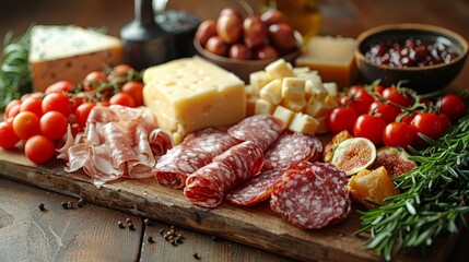   A cutting board displaying an assortment of meats, cheeses, tomatoes, olives, and other culinary offerings