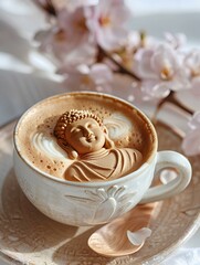 Latte coffee with milk foam shaped into a drawing of solemn sitting buddha