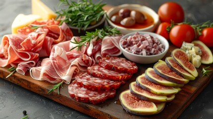   A cutting board bears an assortment of meats, cheeses, veggies, olives, and tomatoes