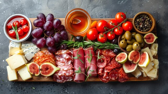  A cutting board bearing a spread of assorted meats, cheeses, olives, tomatoes, and sliced olives