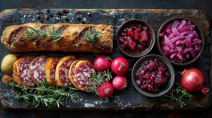   A wooden cutting board, laden with meat and vegetables, stands next to a loaf of bread and a bowl of cranberry sauce