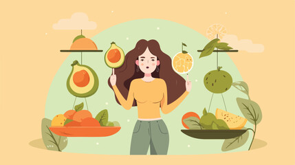 Healthy and junk food choice. Woman choosing betwee