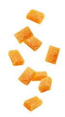 Falling Honeycomb isolated on white background, full depth of field