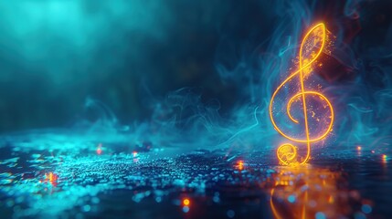 A vibrant widescreen image captures a neon musical note ablaze with fiery orange light against a...