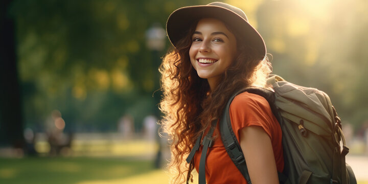 Rucking. Modern sport. Happy woman walk around the forest or park with backpacks filled with weights: dumbbells, kettlebells. Muscle training, endurance and cardio. Hike. Journey. Tourism