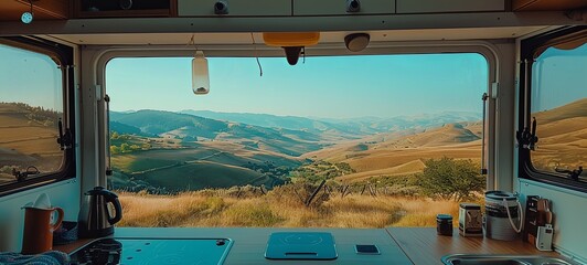 parked camper overlooking the landscape. view from the inside through a large window. generative ai