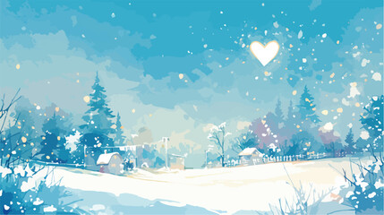 Heart Shape Winter Scene Watercolor Clipart 2d flat