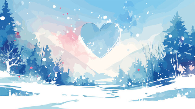 Heart Shape Winter Scene Watercolor Clipart 2d flat
