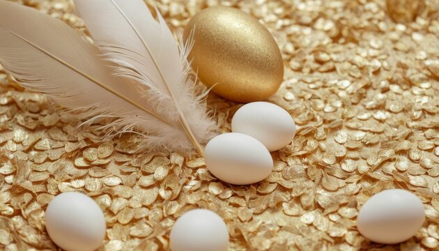 a white and gold background with feathers, flowers and eggs