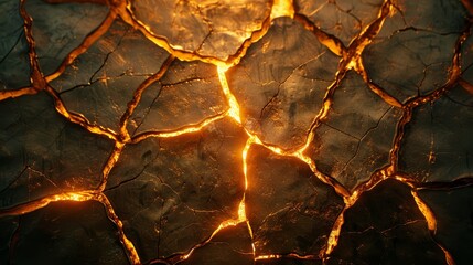   A tight shot of a fissured surface, illuminated by light emanating from the cracks in its heart, plus radiance originating from the cracks atop - obrazy, fototapety, plakaty