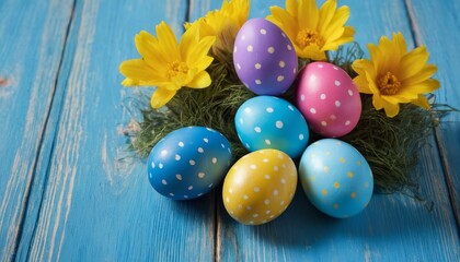 Fototapeta na wymiar Beautiful colorful easter eggs on blue wooden pattern flower