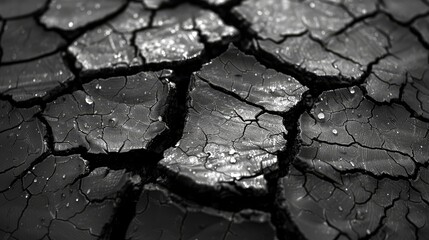   A monochrome image of a fractured surface dotted with water droplets atop