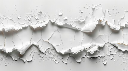  A tight shot of a weathered white wall, adorned with numerous cracks and beads of water at its peak
