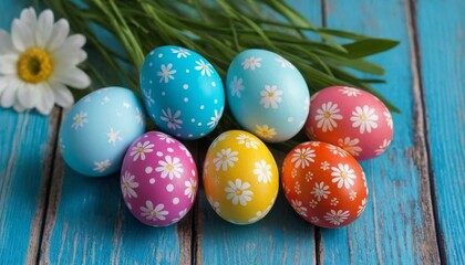 Obraz na płótnie Canvas Beautiful colorful easter eggs on blue wooden pattern flower