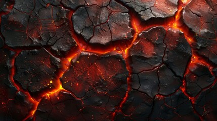   A detailed shot of a fissured surface, exuding red and yellow flames from its splintered seams - obrazy, fototapety, plakaty