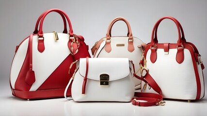 Set of chic women's handbags with red and white leather, varying styles and hues, and luxury, exquisite handbags for ladies, isolated on a translucent white background - obrazy, fototapety, plakaty