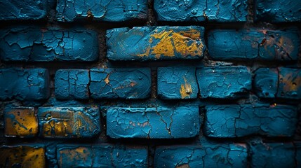   A tight shot of a blue brick wall with yellow paint peeling from its sides
