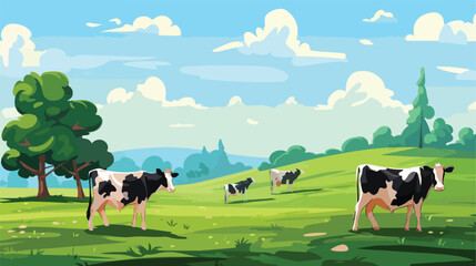 Herd of grazing cows on green lawn .. 2d flat cartoon