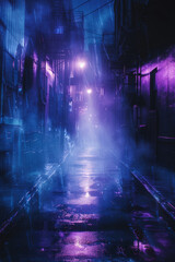 A dark cyberpunk alley in Gotham city, shrouded in fog and rain, portraying a corrupt and crime-infested metropolis with a mysterious and eerie ambiance.