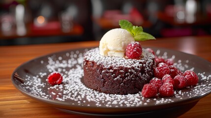   A chocolate dessert with ice cream, raspberries, powdered sugar, and a mint sprig on a plate