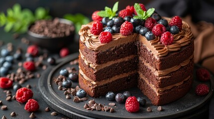   A chocolate cake with chocolate frosting on a plate, topped with raspberries and a sliced piece missing - obrazy, fototapety, plakaty