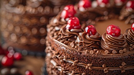  rich chocolate frosting covers the top, adorned with cherries