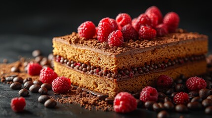   A tight shot of a cake slice topped with plump raspberries, surrounded by arranged coffee beans - obrazy, fototapety, plakaty