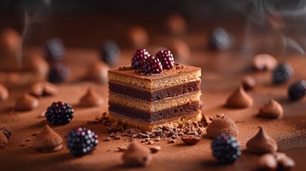   A cake topped with chocolate and raspberries sits atop a table - obrazy, fototapety, plakaty
