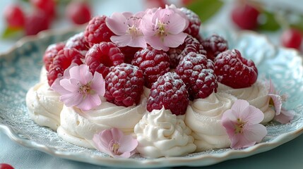   A tight shot of a plate adorned with raspberries, whipped cream, and floral arrangements