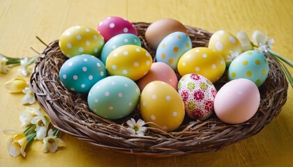 Fototapeta na wymiar Beautiful postcard with Easter decoration and painted colorful Easter eggs. Banner