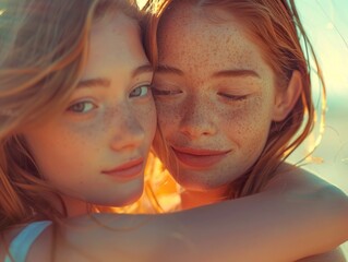 Fototapeta premium Two girls embracing on a sandy beach, perfect for friendship concepts