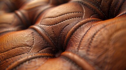   A tight shot of a brown leather seat's back, displaying distinctive stitching pattern Back stitching also visible