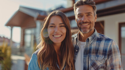 A happy young couple standing in front of their new home, symbolizing the lifestyle changes that come with buying a new house. - obrazy, fototapety, plakaty