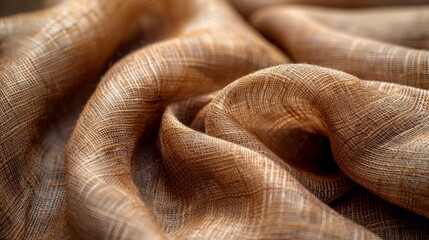   A tight shot of a textured brown fabric, featuring a faint, indistinct image of a face in the hazy background