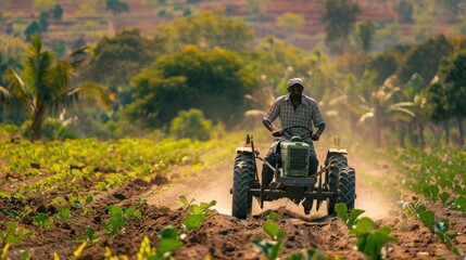 Obraz premium Man driving tractor through lush field of plants and trees in background on sunny day