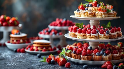 topmost, cakes and pastries nestled among fresh strawberries; middle tier, similar displays graced by blueberries