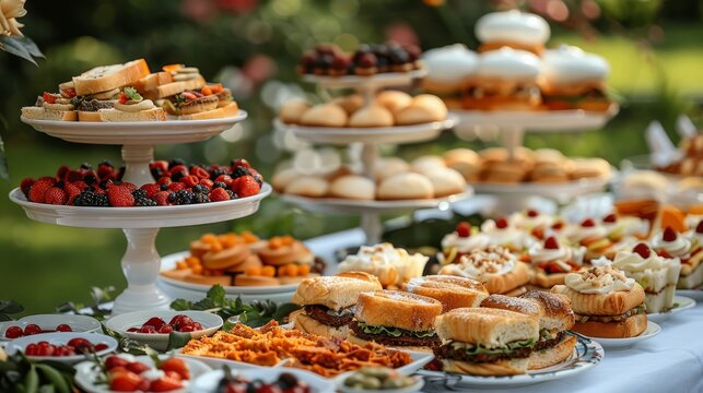   A assortment of pastries and desserts on a buffet table at weddings, bridal showers, or baby showers