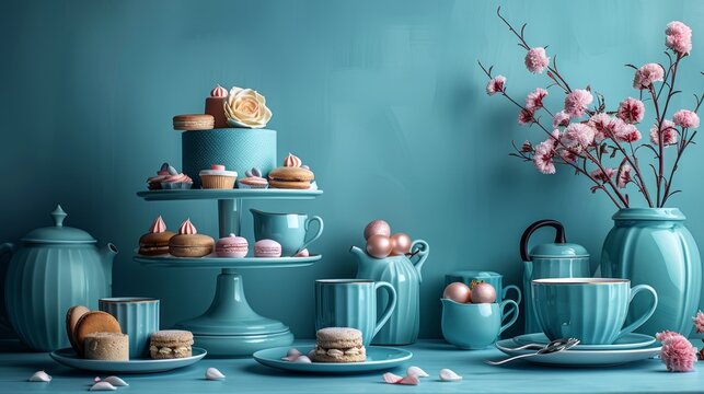   A table, topped with blue vases holding cakes and cupcakes, and a vase of pink flowers nearby